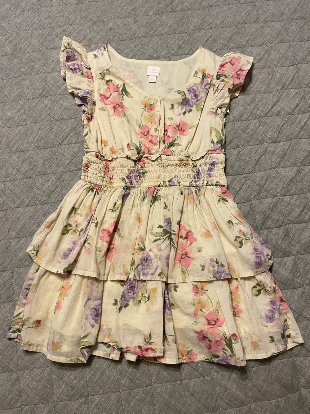 GAP x LoveShackFancy Girl's Cream Floral Tiered Dress with Pink & Purple Blooms